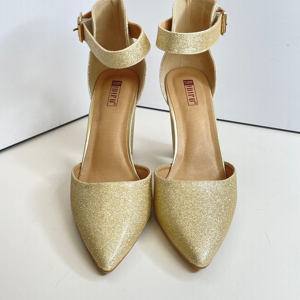 IDIFU Womens Gold Glitter Pointed Toe Ankle Strap Block Heel Pumps Shoes Size 10 - Picture 4 of 7